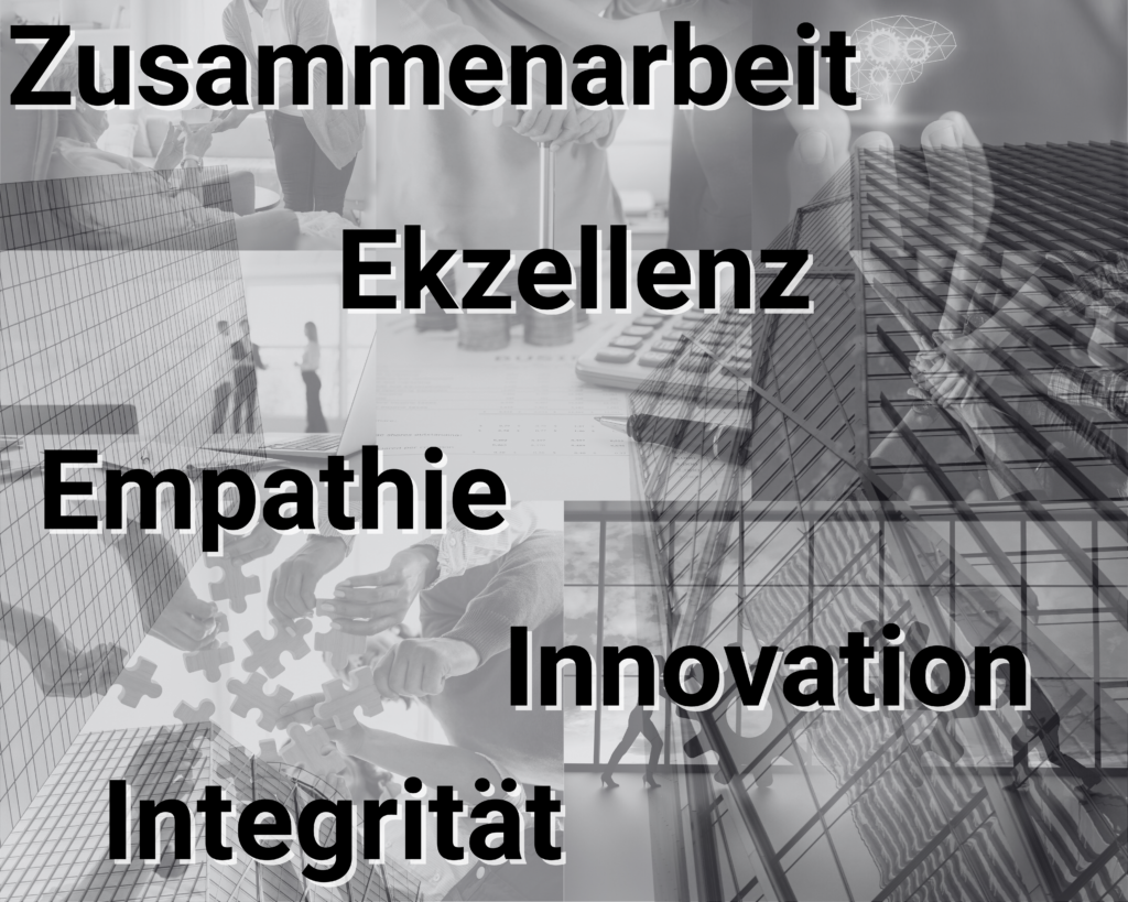 Collage aus Geschäftsszenen in Schwarz-Weiß, kombiniert mit modernen Bürogebäuden und Symbolen für Teamarbeit, Technologie und Innovation. Groß eingeblendete Schlagwörter: Zusammenarbeit, Exzellenz, Empathie, Innovation, Integrität.